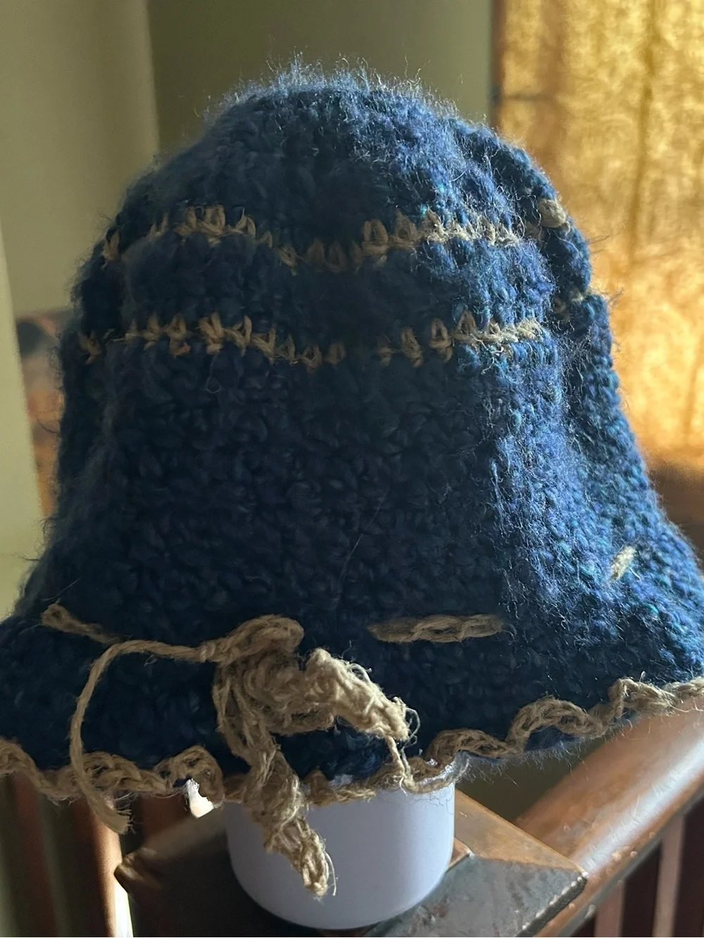 Handmade Blue Crochet Bucket Hat with Tan Trim